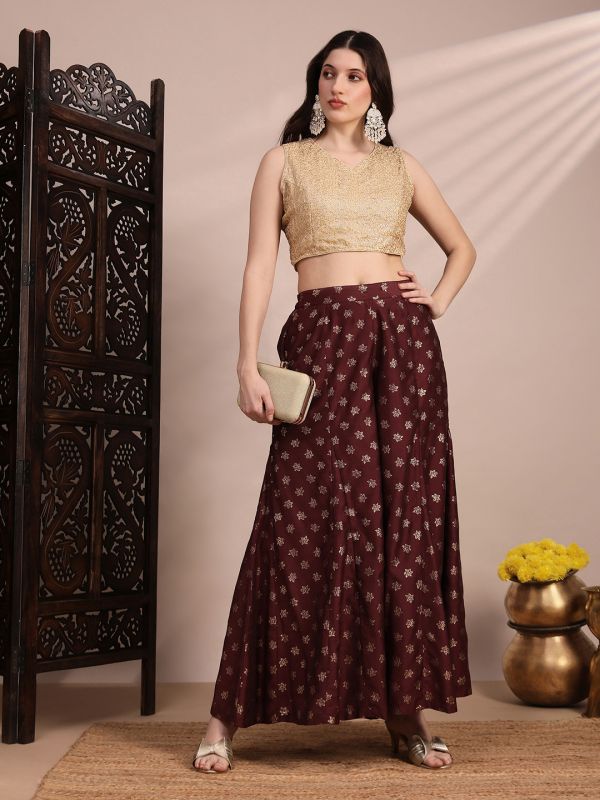 Globus Women Brown Floral Foil Printed Mid Rise Flared Festive Kali Palazzos
