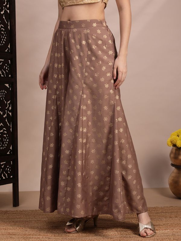 Globus Women Taupe Floral Foil Printed Mid Rise Flared Festive Kali Palazzos