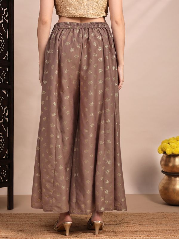 Globus Women Taupe Floral Foil Printed Mid Rise Flared Festive Kali Palazzos