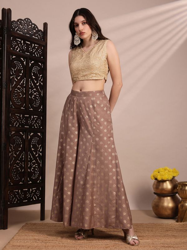 Globus Women Taupe Floral Foil Printed Mid Rise Flared Festive Kali Palazzos