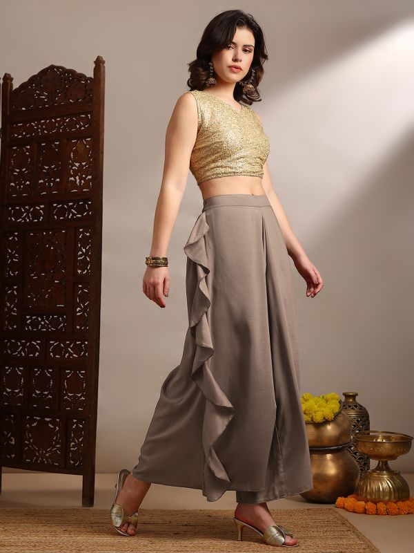 Globus Women Beige Mid Rise Ruffle detail Wide Leg Festive Palazzo