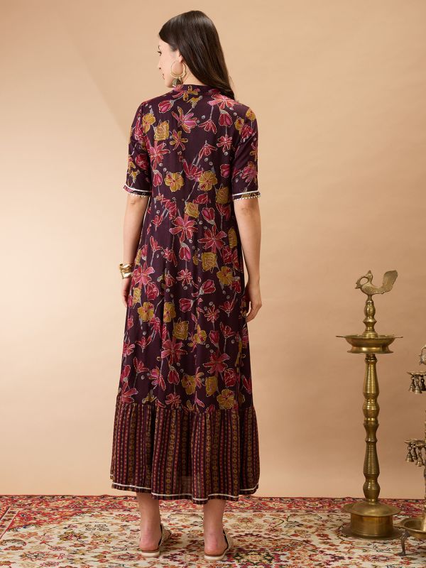 Globus Women Wine Floral Print Mandarin Collar Gotta Lace Yoke Flared Hem A-Line Maxi Dress