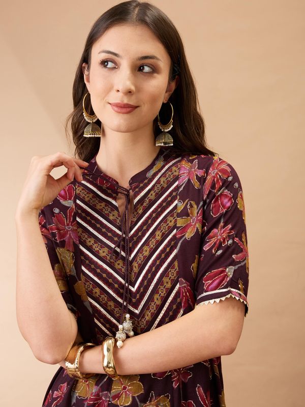Globus Women Wine Floral Print Mandarin Collar Gotta Lace Yoke Flared Hem A-Line Maxi Dress