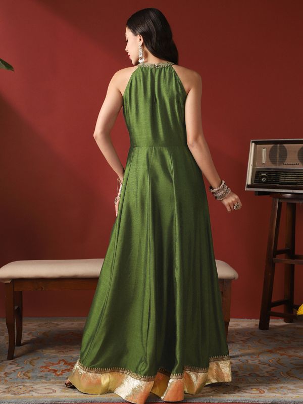 Globus Women Green Sequin Embroidery Halter Neck Gotta Lace Flared Hem A-Line Maxi Festive Dress