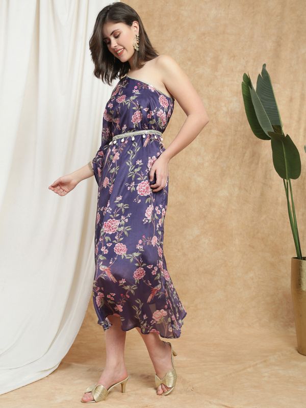 Globus Women Purple Floral Print One Shoulder Kaftan Embellished Tie Up Detail Asymmetric Hem Maxi Dress With Belt