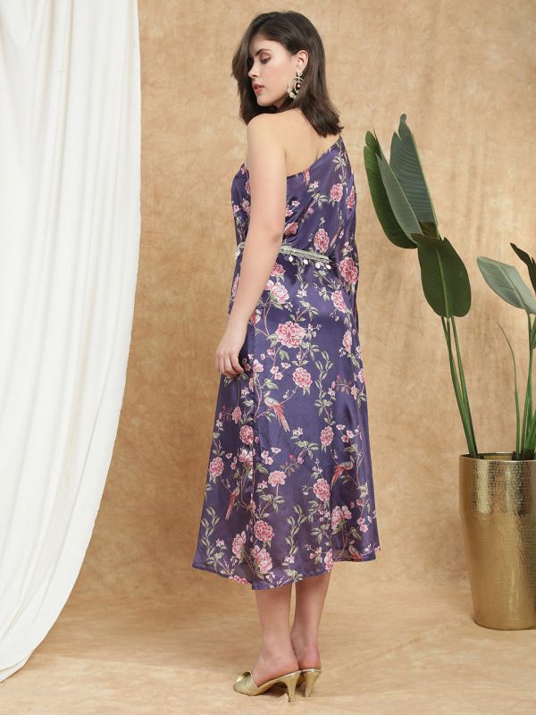 Globus Women Purple Floral Print One Shoulder Kaftan Embellished Tie Up Detail Asymmetric Hem Maxi Dress With Belt