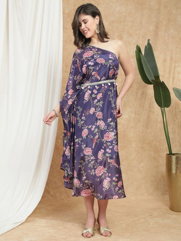 Globus Women Purple Floral Print One Shoulder Kaftan Embellished Tie Up Detail Asymmetric Hem Maxi Dress With Belt
