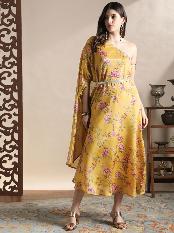 Globus Women Yellow One Shoulder Floral Print Lace Detail High-Low Hem Maxi Fusion Kaftan Dress With Belt
