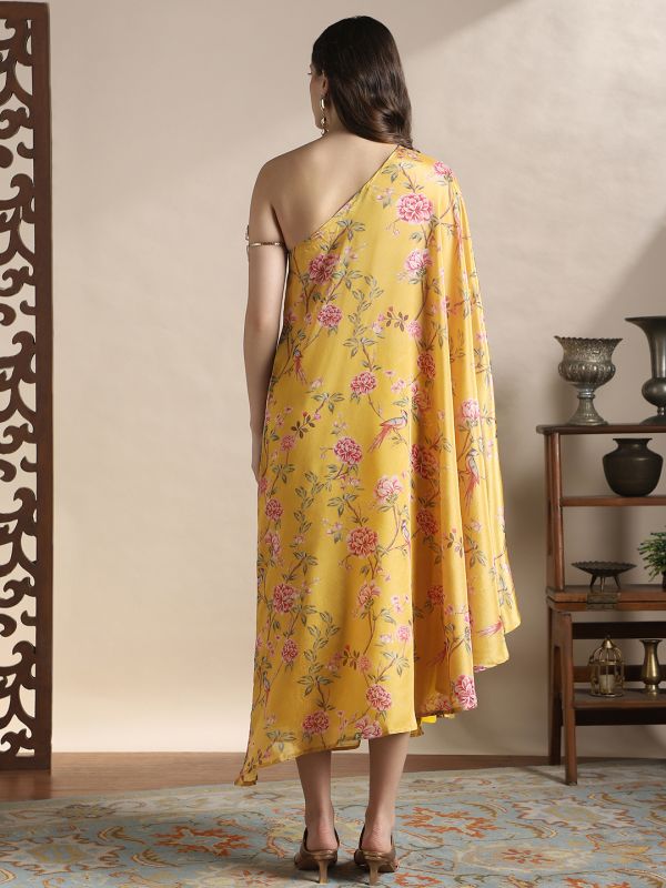 Globus Women Yellow One Shoulder Floral Print Lace Detail High-Low Hem Maxi Fusion Kaftan Dress With Belt