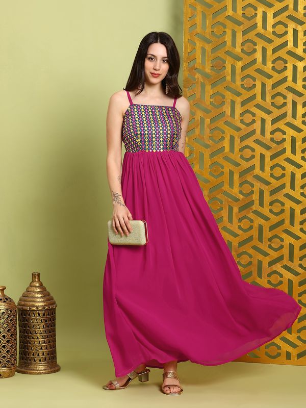 Globus Women Pink Georgette Square Neck Shoulder Straps Embroidered & Mirror Work Detail Tiered Fit & Flare Maxi Dress