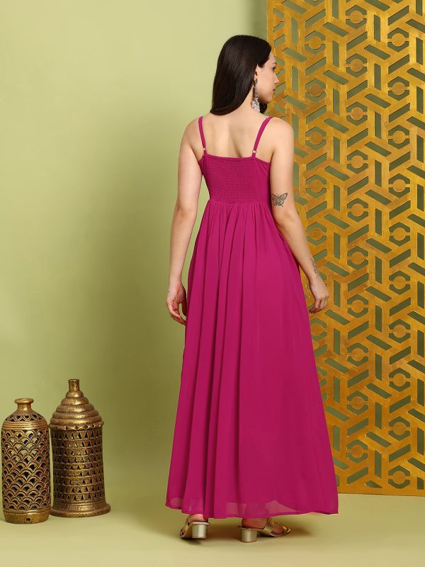 Globus Women Pink Georgette Square Neck Shoulder Straps Embroidered & Mirror Work Detail Tiered Fit & Flare Maxi Dress