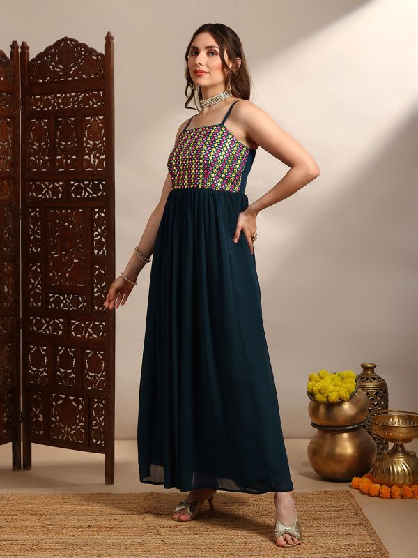 Globus Women Blue Georgette Square Neck Shoulder Strap Embroidered & Mirror Work Detail Tiered Fit and Flare Maxi Dress