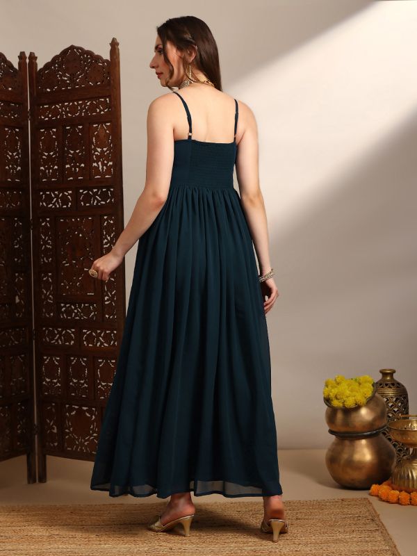 Globus Women Blue Georgette Square Neck Shoulder Strap Embroidered & Mirror Work Detail Tiered Fit and Flare Maxi Dress