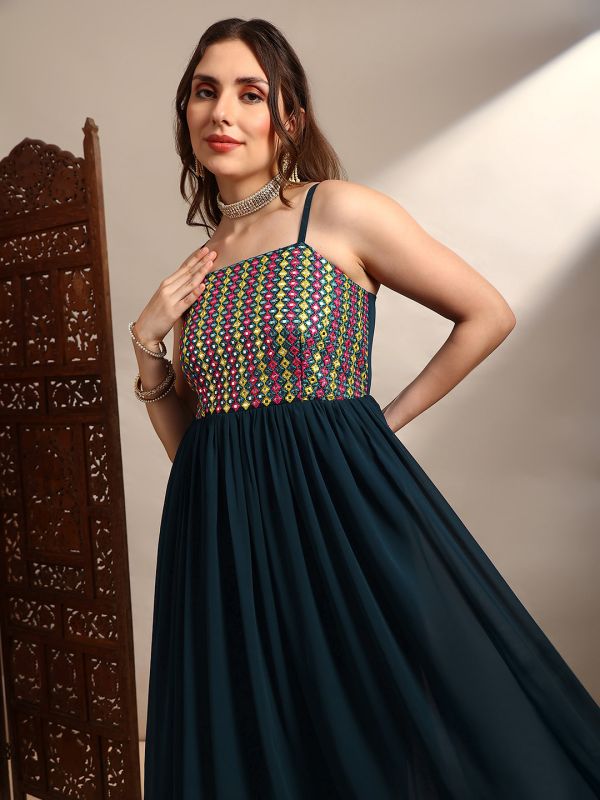 Globus Women Blue Georgette Square Neck Shoulder Strap Embroidered & Mirror Work Detail Tiered Fit and Flare Maxi Dress
