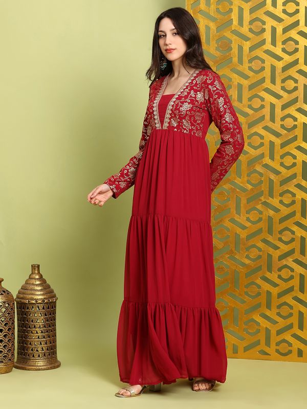 Globus Women Red V-Neck Pleated Embroidered Detail Gold Foil Ethnic Print Fit & Flare Maxi Festive Dress