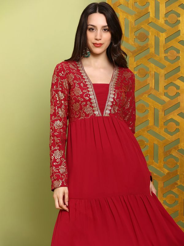 Globus Women Red V-Neck Pleated Embroidered Detail Gold Foil Ethnic Print Fit & Flare Maxi Festive Dress