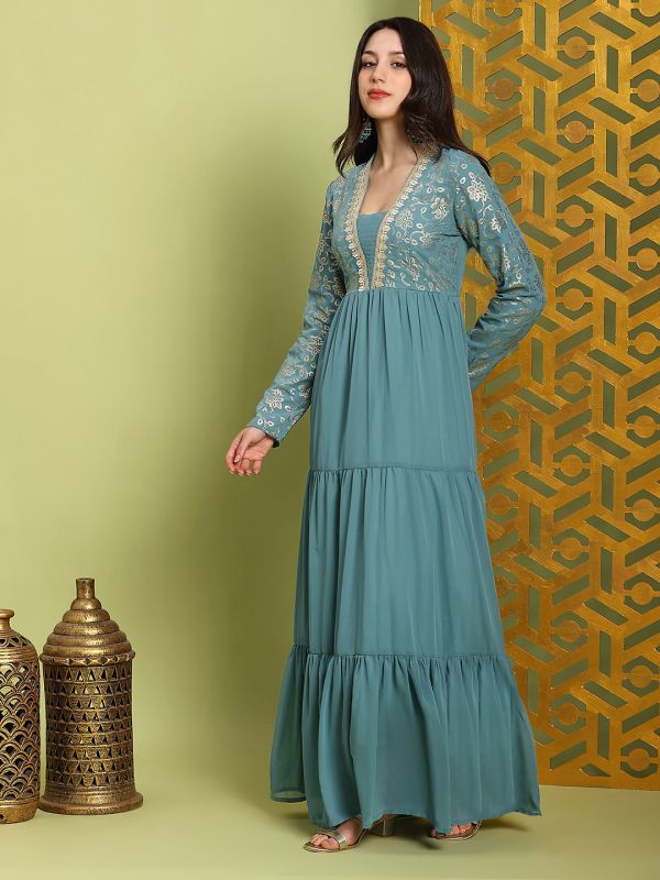 Globus Women Sea Green V-Neck Pleated Embroidered Detail Gold Foil Ethnic Print Fit & Flare Maxi Festive Dress