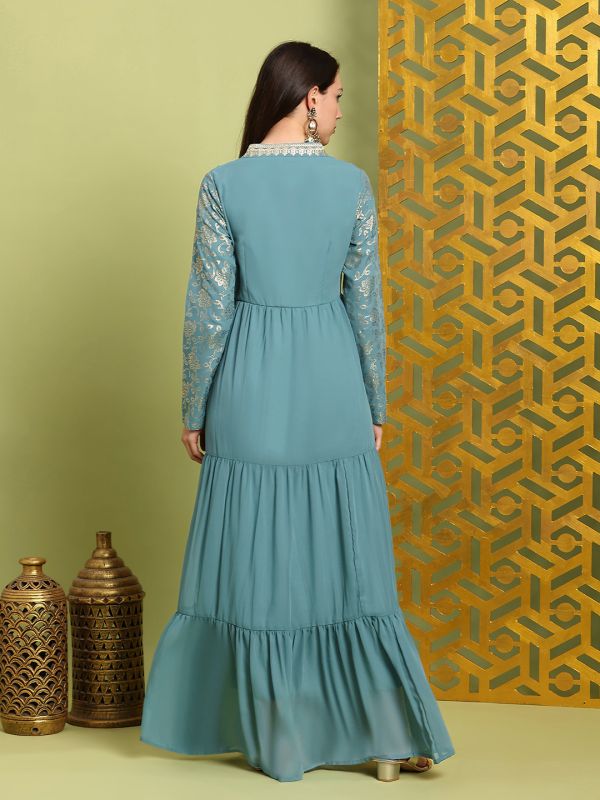 Globus Women Sea Green V-Neck Pleated Embroidered Detail Gold Foil Ethnic Print Fit & Flare Maxi Festive Dress