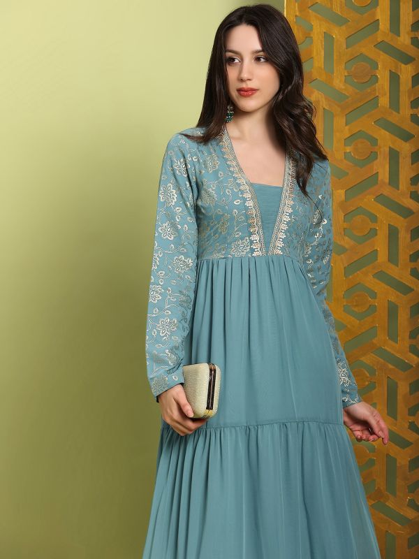 Globus Women Sea Green V-Neck Pleated Embroidered Detail Gold Foil Ethnic Print Fit & Flare Maxi Festive Dress