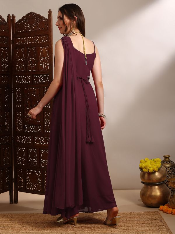Globus Women Maroon Georgette Strappy Shoulder Fit & Flare Maxi Festive Draped Dress With Embroidered Belt