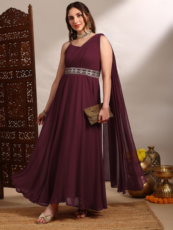 Globus Women Maroon Georgette Strappy Shoulder Fit & Flare Maxi Festive Draped Dress With Embroidered Belt
