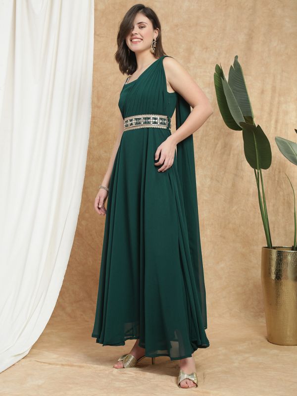 Globus Women Dark Green Georgette Strappy Shoulder Fit & Flare Maxi Festive Draped Dress With Embroidered Belt