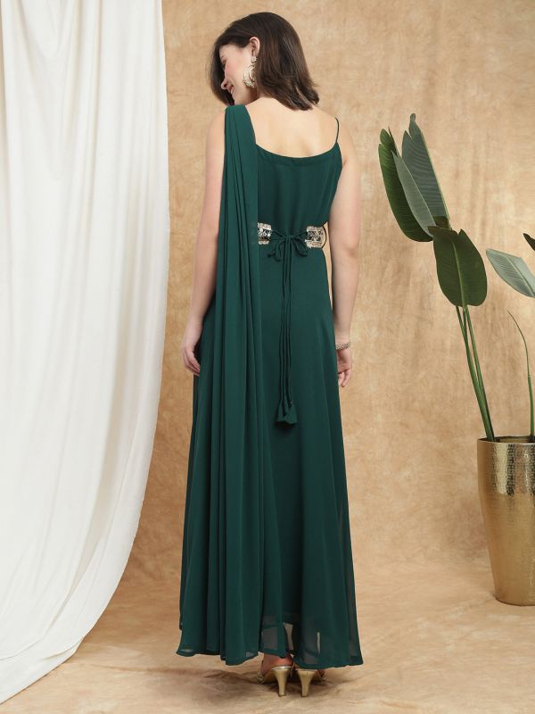 Globus Women Dark Green Georgette Strappy Shoulder Fit & Flare Maxi Festive Draped Dress With Embroidered Belt