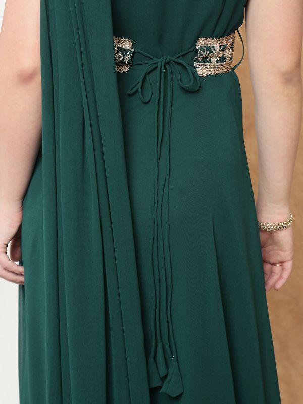 Globus Women Dark Green Georgette Strappy Shoulder Fit & Flare Maxi Festive Draped Dress With Embroidered Belt