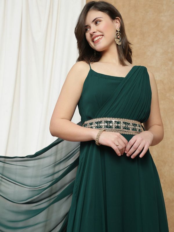 Globus Women Dark Green Georgette Strappy Shoulder Fit & Flare Maxi Festive Draped Dress With Embroidered Belt