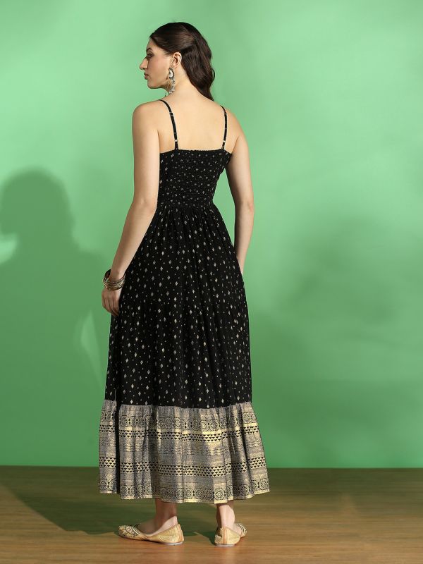 Globus Women Black Strappy Shoulder Gold Foil Ethnic Motifs Smocked Tiered Fit & Flare Maxi Festive Dress