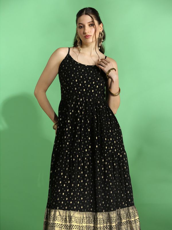 Globus Women Black Strappy Shoulder Gold Foil Ethnic Motifs Smocked Tiered Fit & Flare Maxi Festive Dress