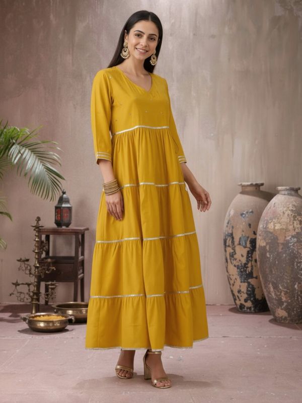 Globus Women Yellow V-Neck Sequinned Tie-Up Detail Gotta Patti Tiered Fit & Flare Maxi Festive Dress