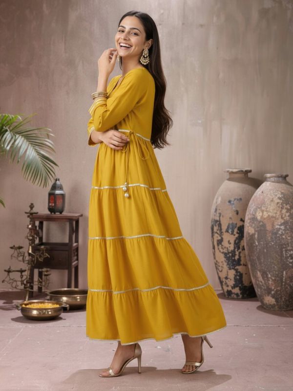 Globus Women Yellow V-Neck Sequinned Tie-Up Detail Gotta Patti Tiered Fit & Flare Maxi Festive Dress