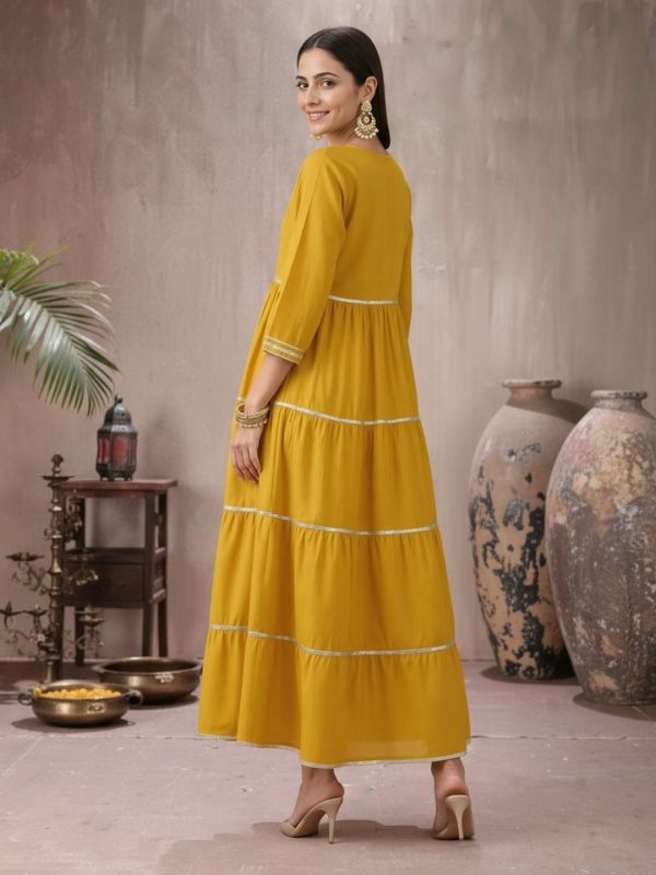 Globus Women Yellow V-Neck Sequinned Tie-Up Detail Gotta Patti Tiered Fit & Flare Maxi Festive Dress