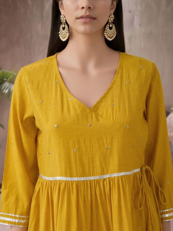 Globus Women Yellow V-Neck Sequinned Tie-Up Detail Gotta Patti Tiered Fit & Flare Maxi Festive Dress