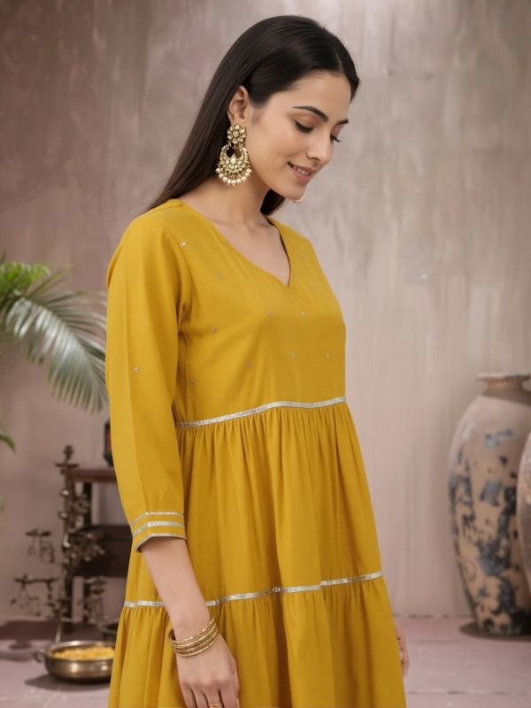 Globus Women Yellow V-Neck Sequinned Tie-Up Detail Gotta Patti Tiered Fit & Flare Maxi Festive Dress