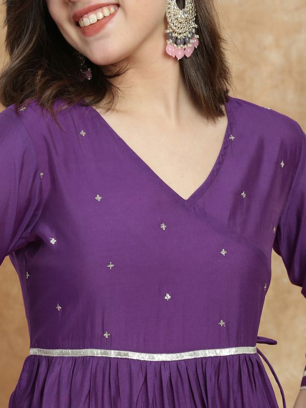 Globus Women Purple Sequin Embellished V-Neck Gotta Lace Detail Waist Tie-Ups Fit & Flare Tiered Maxi Festive Dress