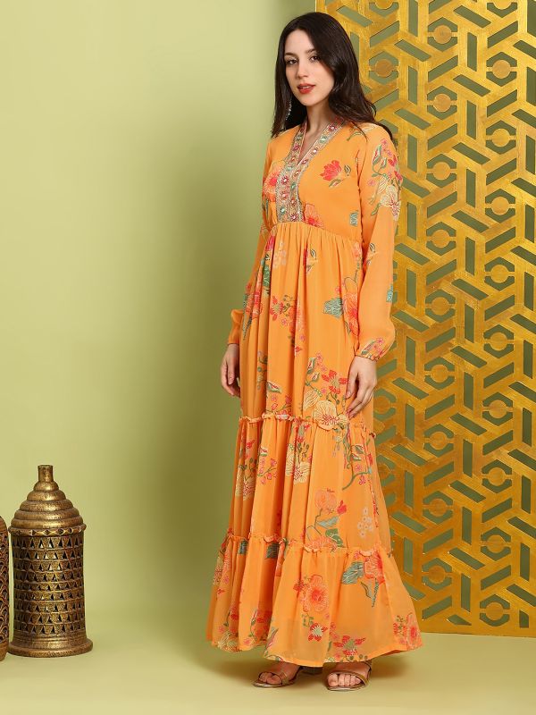 Globus Women Mustard Embroidered V-Neck Bishop Sleeves Floral Print Tiered Fit & Flare Maxi Festive Dress