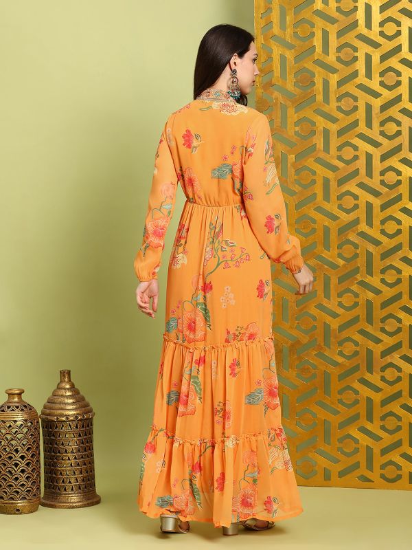 Globus Women Mustard Embroidered V-Neck Bishop Sleeves Floral Print Tiered Fit & Flare Maxi Festive Dress