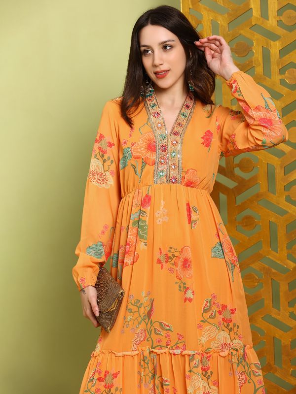 Globus Women Mustard Embroidered V-Neck Bishop Sleeves Floral Print Tiered Fit & Flare Maxi Festive Dress