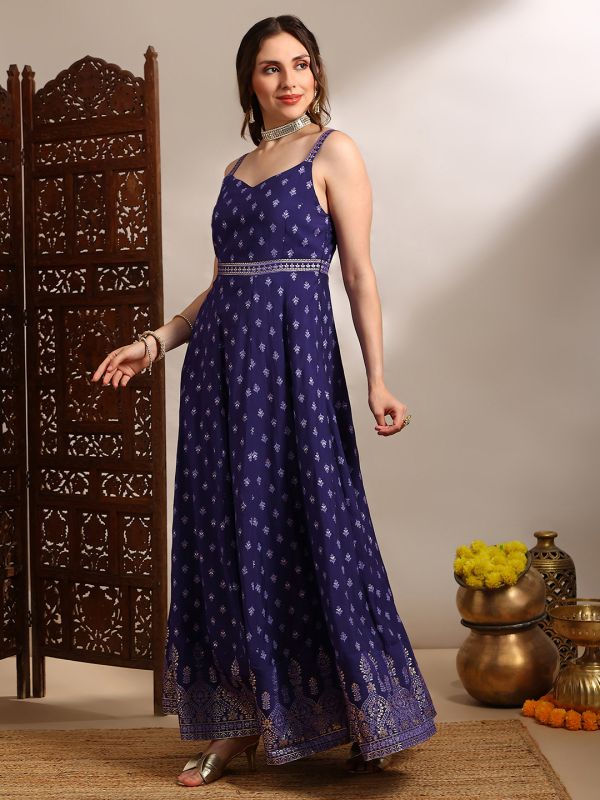 Globus Women Purple Ethnic & Gold Foil Print Sweetheart Neck Shoulder Strap Fit and Flare Maxi Dress