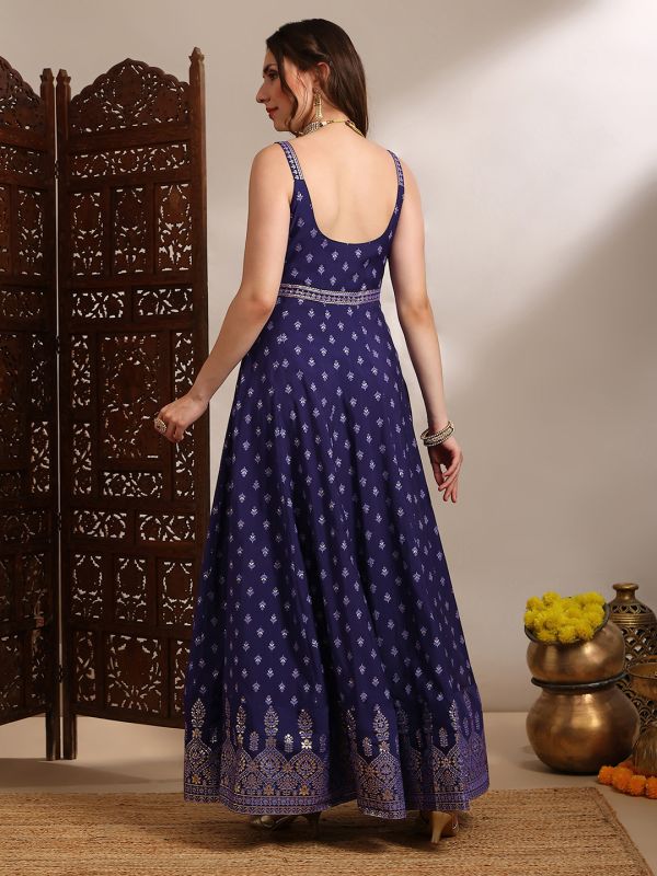 Globus Women Purple Ethnic & Gold Foil Print Sweetheart Neck Shoulder Strap Fit and Flare Maxi Dress