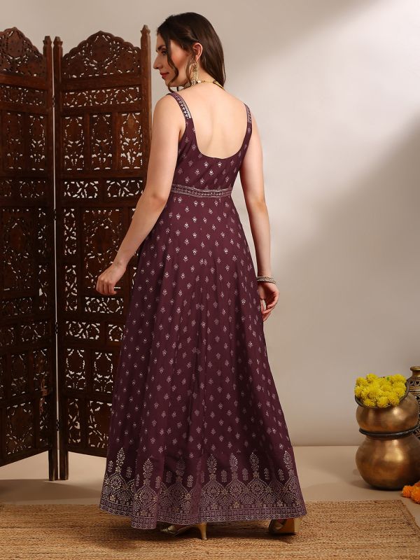 Globus Women Maroon Ethnic & Gold Foil Print Sweetheart Neck Shoulder Strap Fit and Flare Maxi Dress