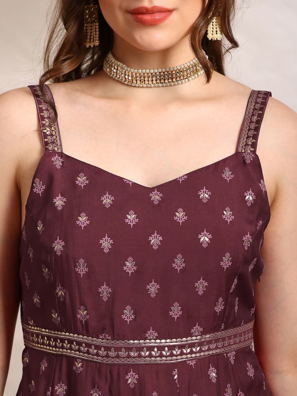 Globus Women Maroon Ethnic & Gold Foil Print Sweetheart Neck Shoulder Strap Fit and Flare Maxi Dress