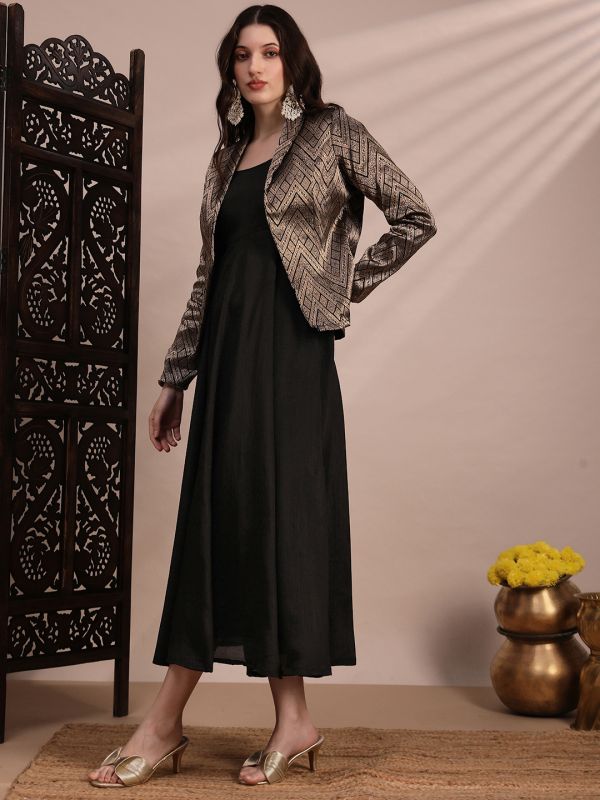 Globus Women Black Panelled Fit & Flare Midi Dress With Shawl Lapel Self Design Festive Brocade Blazer