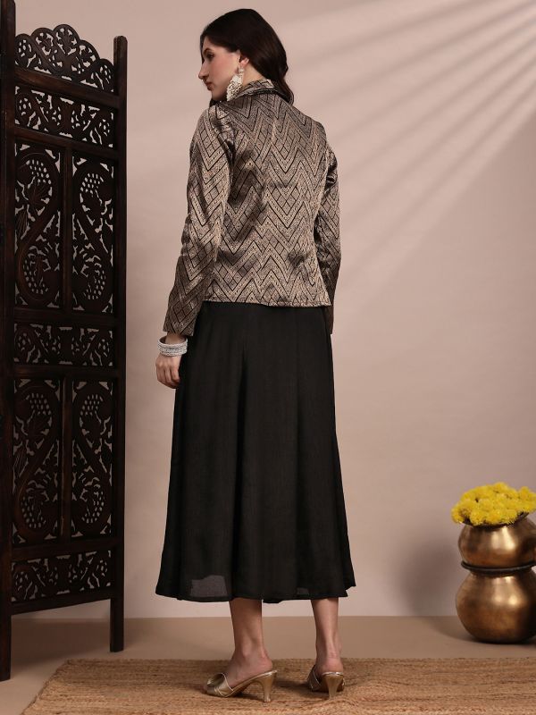 Globus Women Black Panelled Fit & Flare Midi Dress With Shawl Lapel Self Design Festive Brocade Blazer