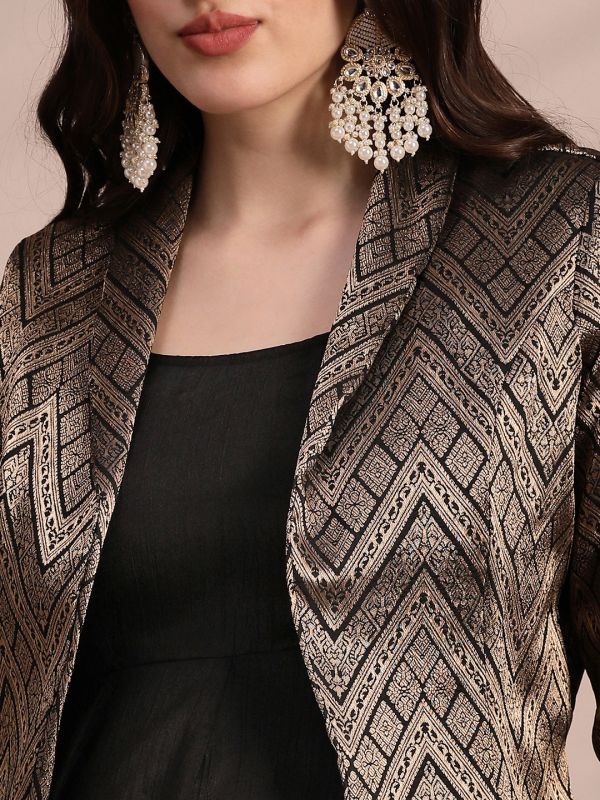 Globus Women Black Panelled Fit & Flare Midi Dress With Shawl Lapel Self Design Festive Brocade Blazer