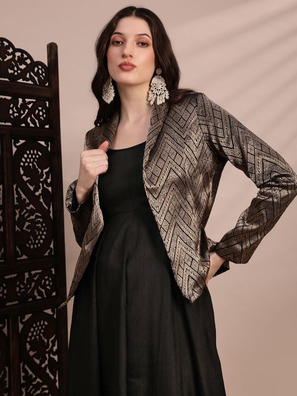 Globus Women Black Panelled Fit & Flare Midi Dress With Shawl Lapel Self Design Festive Brocade Blazer