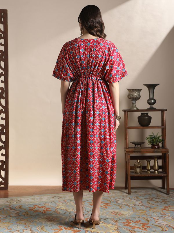 Globus Women Fuchsia V-Neck Kimono Sleeves Ethnic Print Lace Detail Fit & Flare Midi Fusion Dress