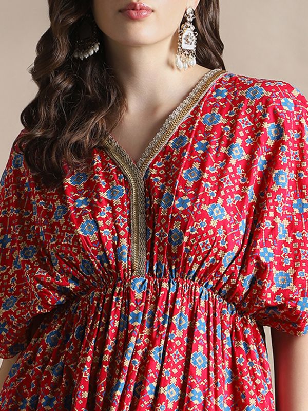Globus Women Fuchsia V-Neck Kimono Sleeves Ethnic Print Lace Detail Fit & Flare Midi Fusion Dress